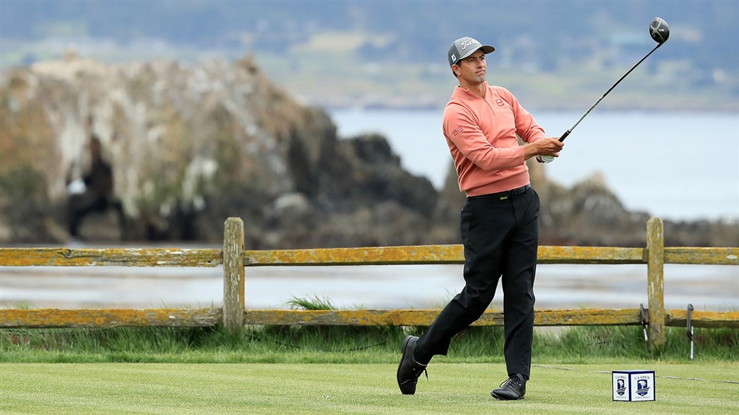 Adam Scott tees off with his Titleist TS3 driver on the 18th hole at Pebble Beach Golf Links during final round action at the 119th U.S Open