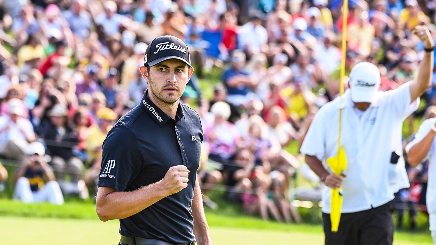 Patrick Cantlay reacts after holng the winning putt with his Pro V1 golf ball at the 2019 Memorial Tournament